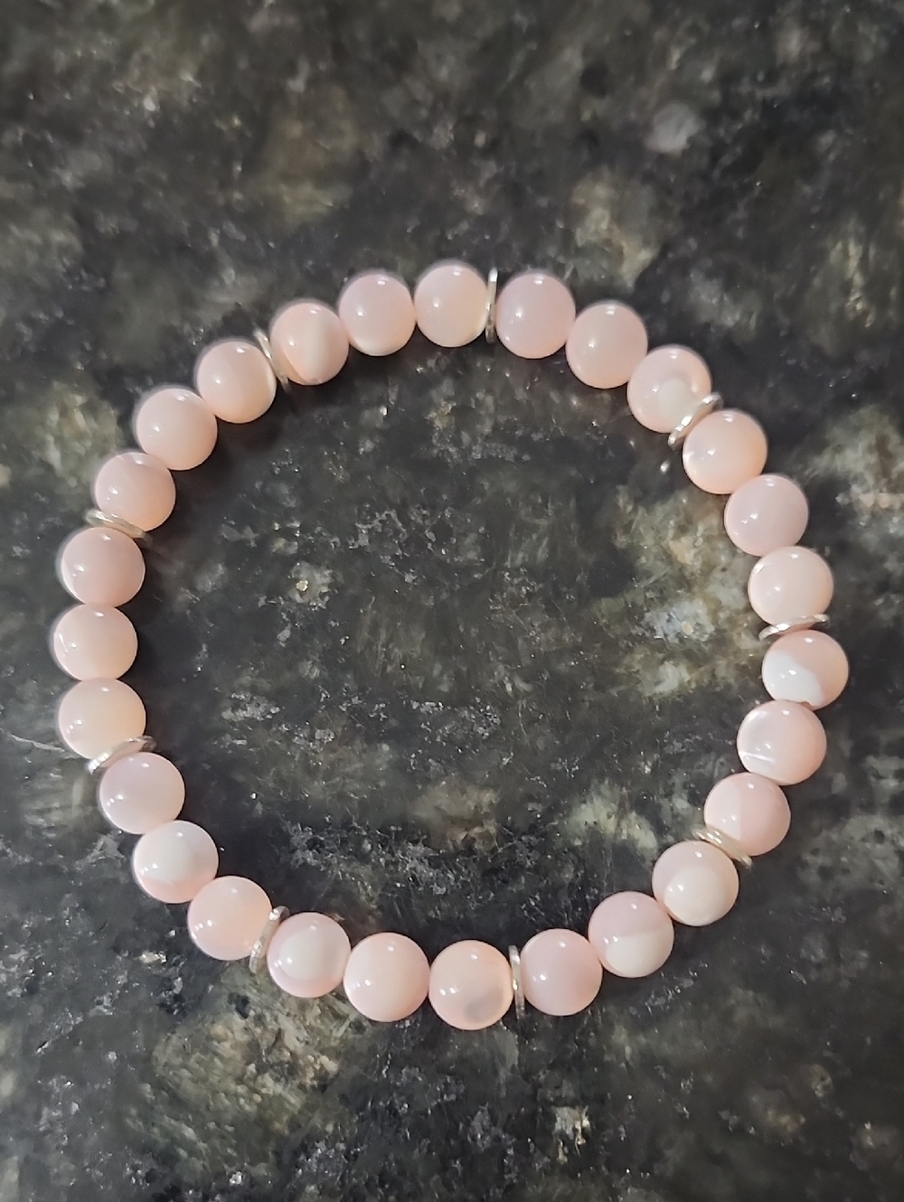 Handmade Pink Mother Of Pearl Beaded Bracelet with Sterling Silver Accents
